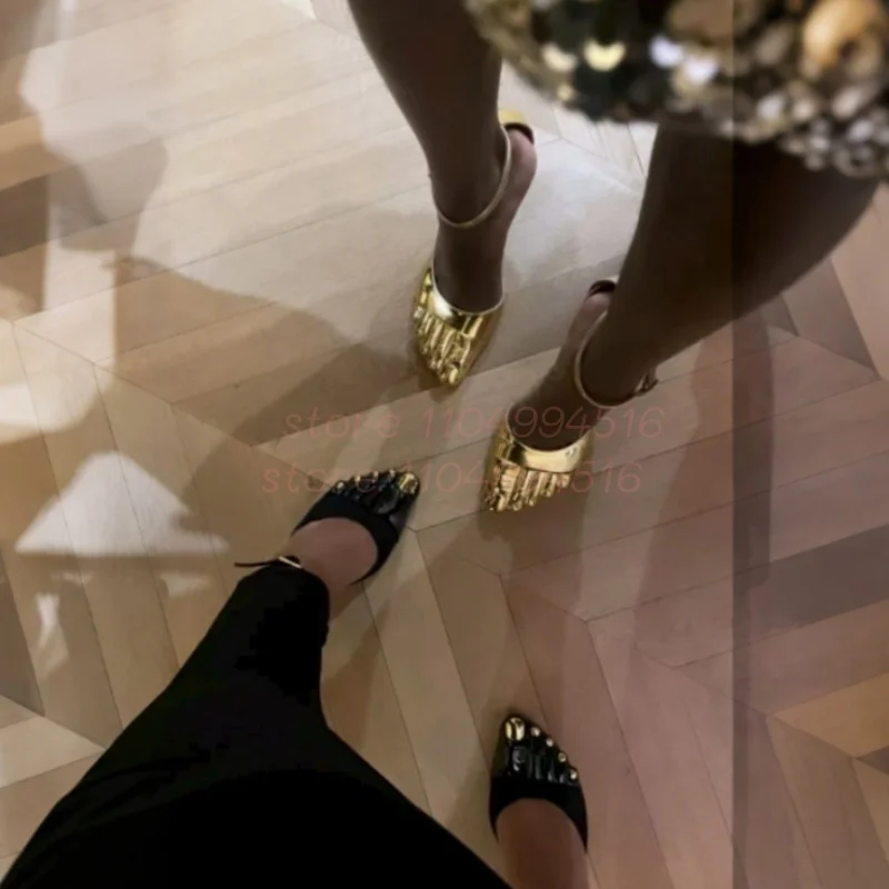 Gold Five Toe T-Tied Ankle Strap Thin Heels Women Metal Toe Buckle Strap Slingback Sandals Lady Sexy Elegant Party Prom Shoes image 5
