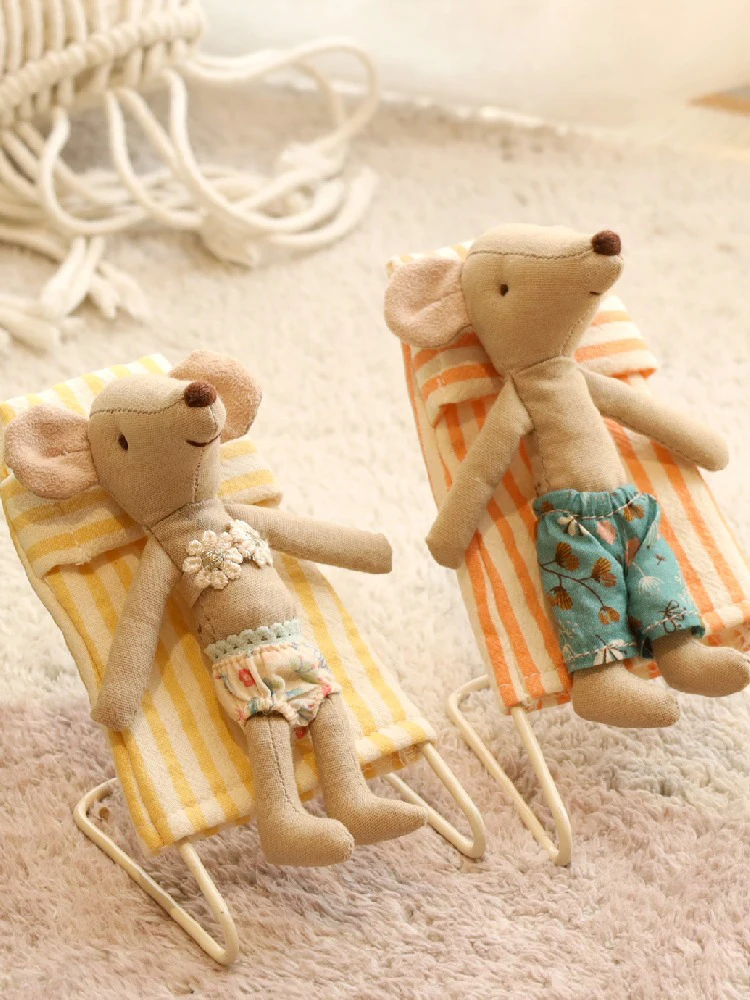 Beach Mice Plushie with Tent Chair Handmade Cute Little Mouse Stuffed Cloth Toys Dollhouse Mini Doll Soft Doll