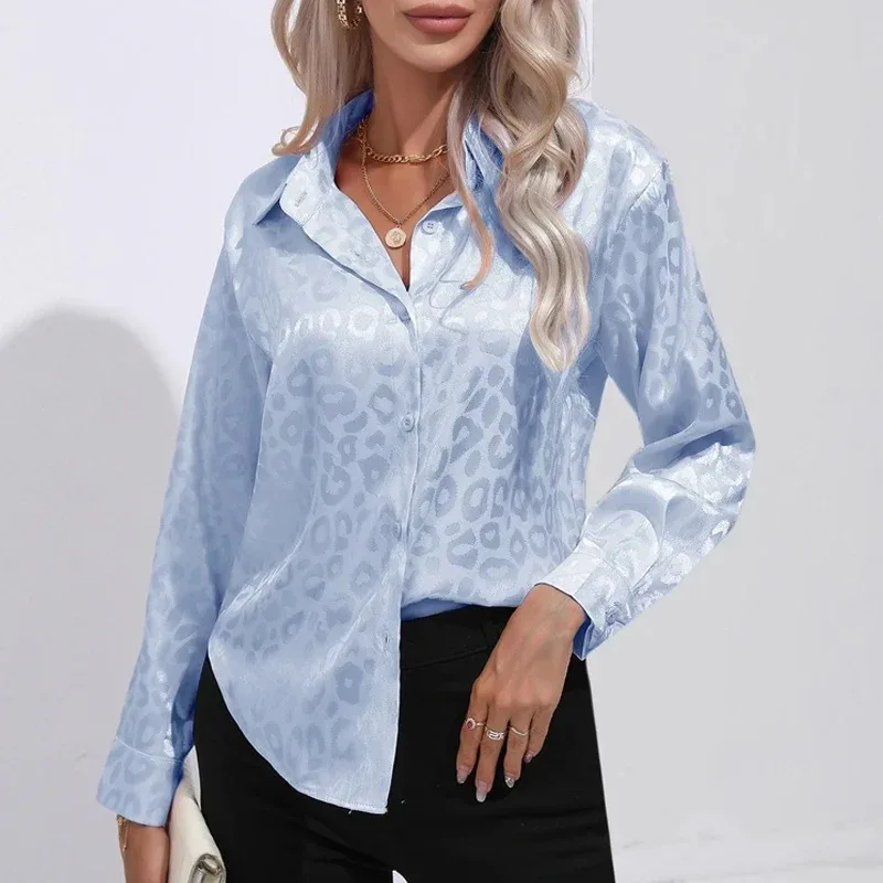 Fashion Leopard Print Jacquard Blouse Elegant Office Lady Long Sleeve Turn Down Collar Button Shirt Spring New Tops Blusas 19169