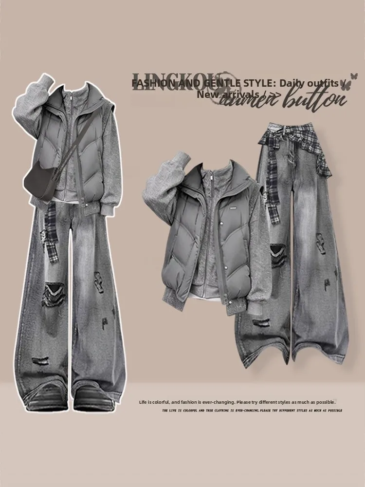 

Fashionable Three-Piece Set Women's Korean Style Cotton Vest Sweater And Jeans Layering Autumn Winter Casual Wear for Adults