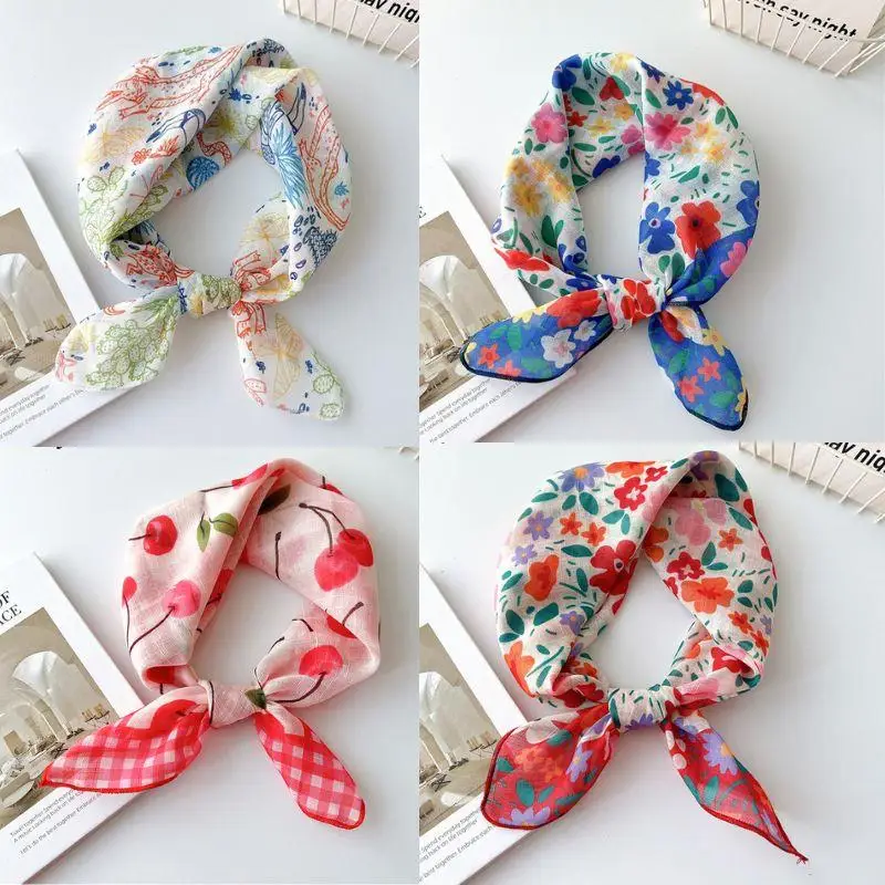 

58*58Cm Floral Print Small Neckerchief Women Cotton Linen Square Scarf Elegant Neck Scarves Bandana Decorative Head Scarfs