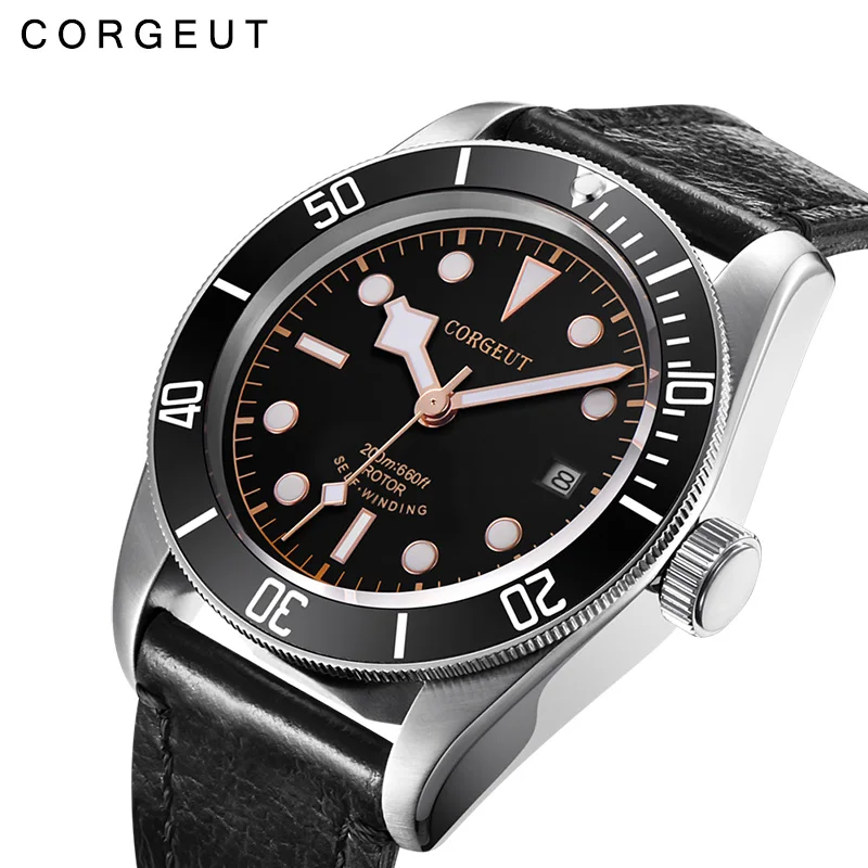 41mm Corgeut Schwarz Bay Men Automatic NH35a Movement Mechanical Watch Sapphire Black