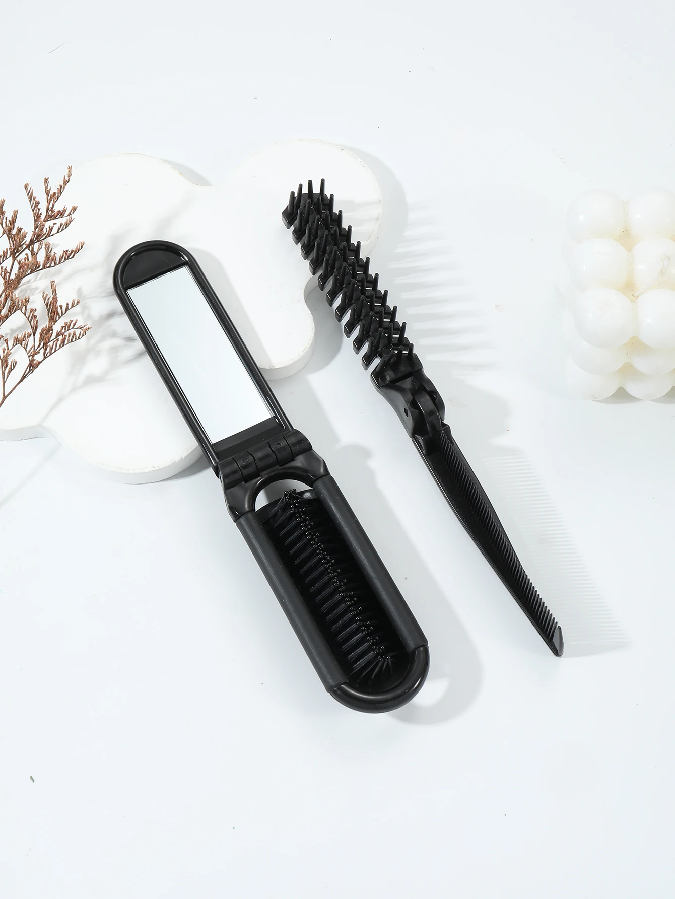 

2pcs/set plastic anti-static portable folding massage mirror comb portable pocket hair styling tool,Special for real hair wigs