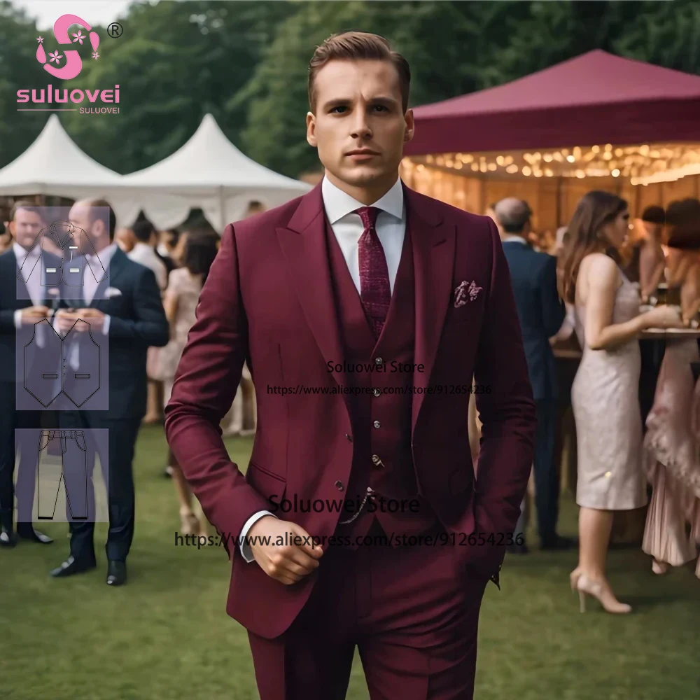 

Fashion Burgundy Slim Fit Suits For Men 3 Pieces Pants Set Formal Grooms Wedding Peaked Lapel Tuxedos Costume Homme Pour Mariage