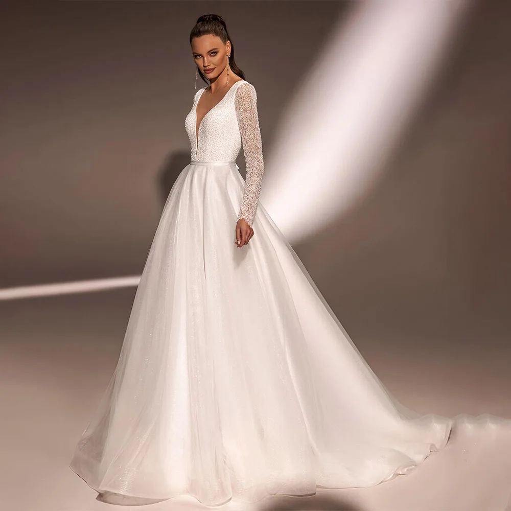 

Stunning Long Sleeves V-neck Bridal Grown A Line Princess Wedding Dresses Cusotm Made 2025 Vestido De Noival