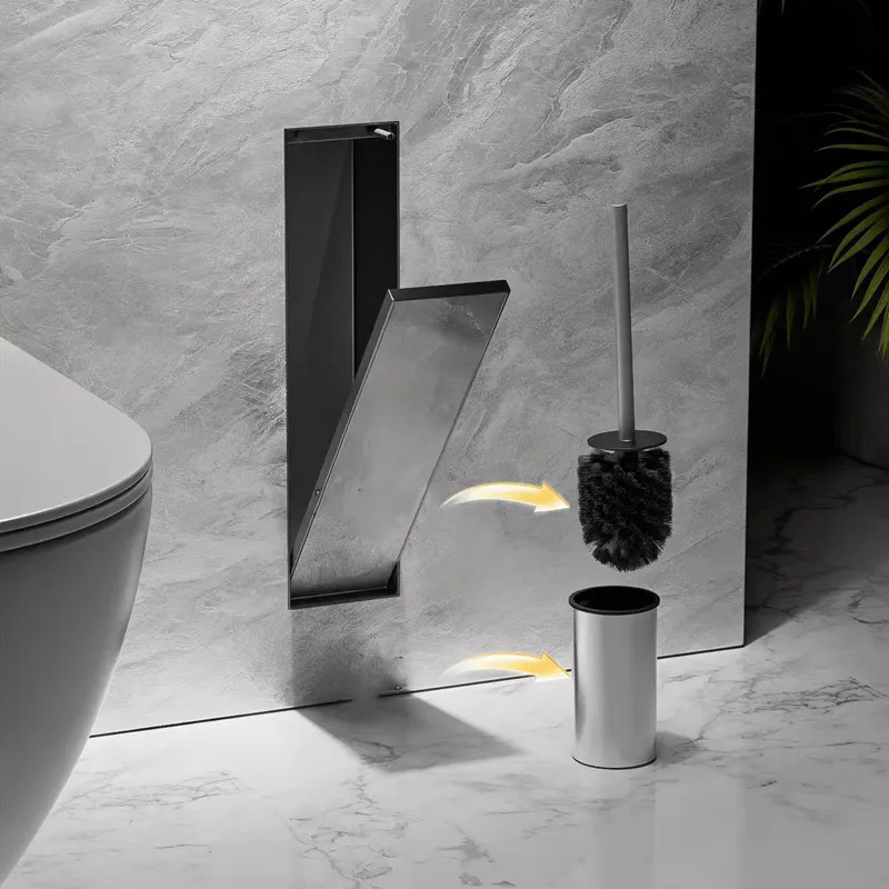 304 Stainless Steel Matt Recessed Bathroom Wall Niche with Door 160x490x125mm Gun‑Grey Black White Seamless Toilet Brush Holder