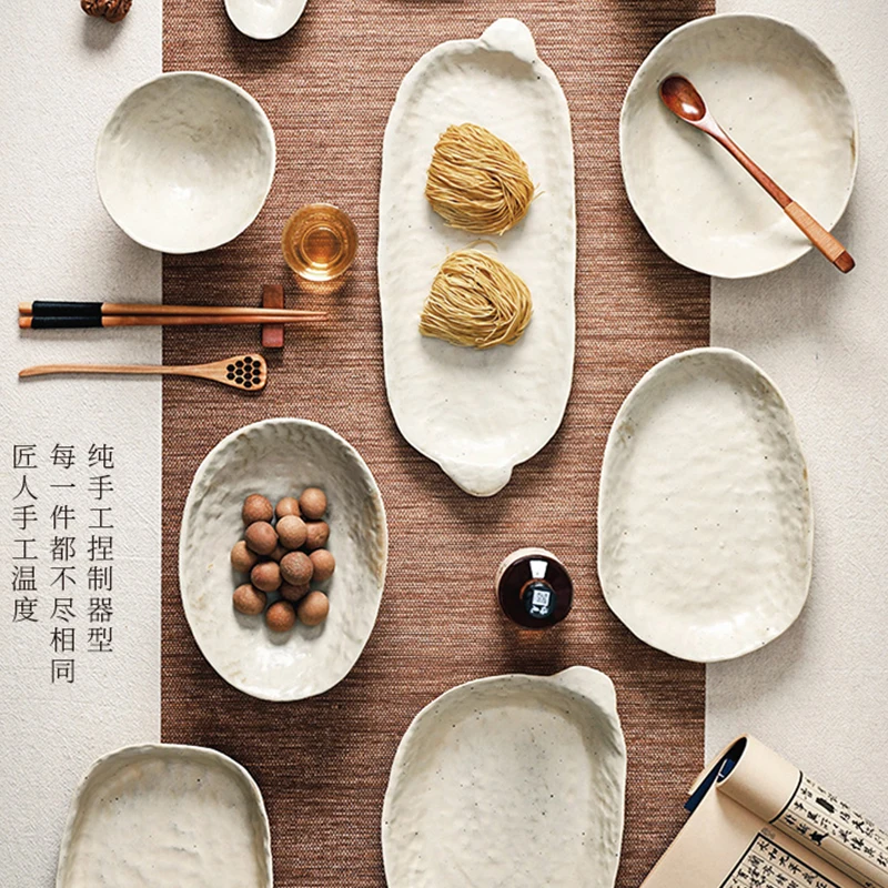 KINGLANG Jingdezhen Handmade Dish and Bowl Personality Designed Retro Plate Ceramic Rice Bowl Combination Dinnerware