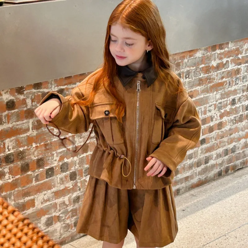 

2025 Girls' Autumn and Winter New Oak Hazelnut Bat Sleeve Waist silhouette Jacket Set Pants Versatile Two Piece Set