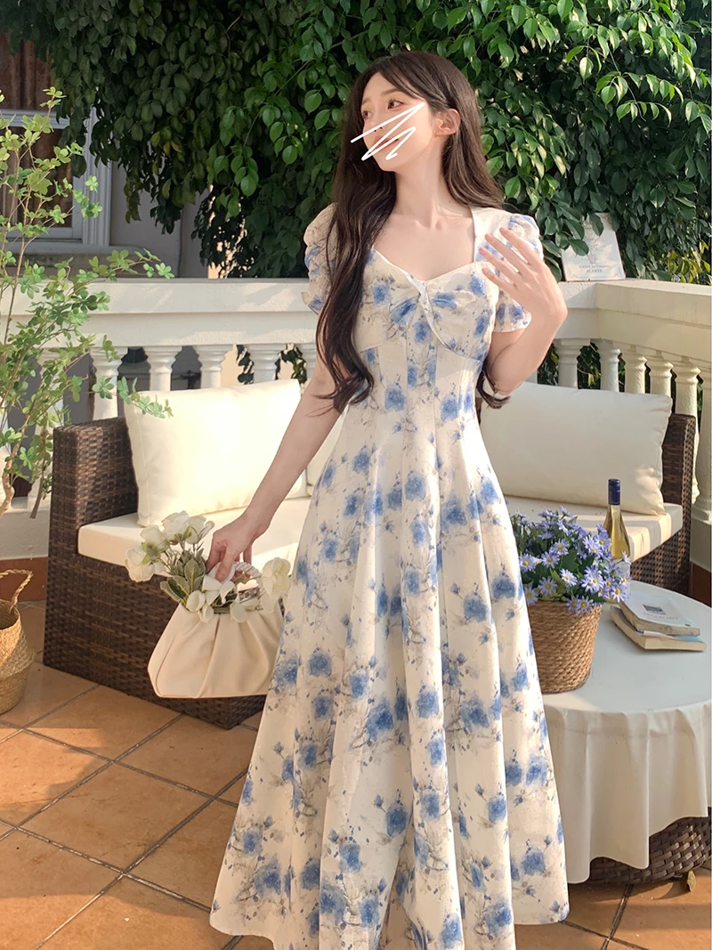 

plus Size Floral Print Square Neck Summer Dress Women's Sweet Style High Waist A-Line Skirt Bubble Sleeve Casual Thinming Dress