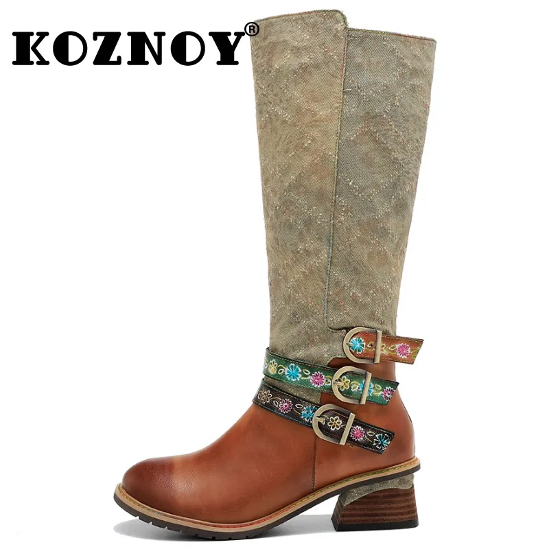 

Koznoy 5cm Denim Wedges Sheepskin Leather Ankle Knee High Boots Big Size Platform Autumn Chunky Heels Spring Cowboy Women Shoes