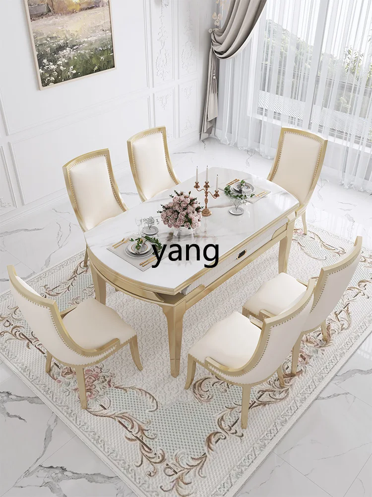 LH light luxury rock slab dining table square and round dual-purpose retractable folding solid wood cream wind