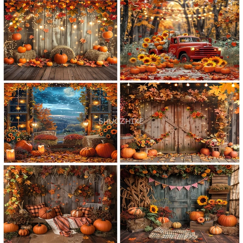 

Autumnal Pumpkins Farm Photography Backdrops Props Halloween Fall Field Maple Leaf Scarecrow Fence Photo Studio Background FM-07