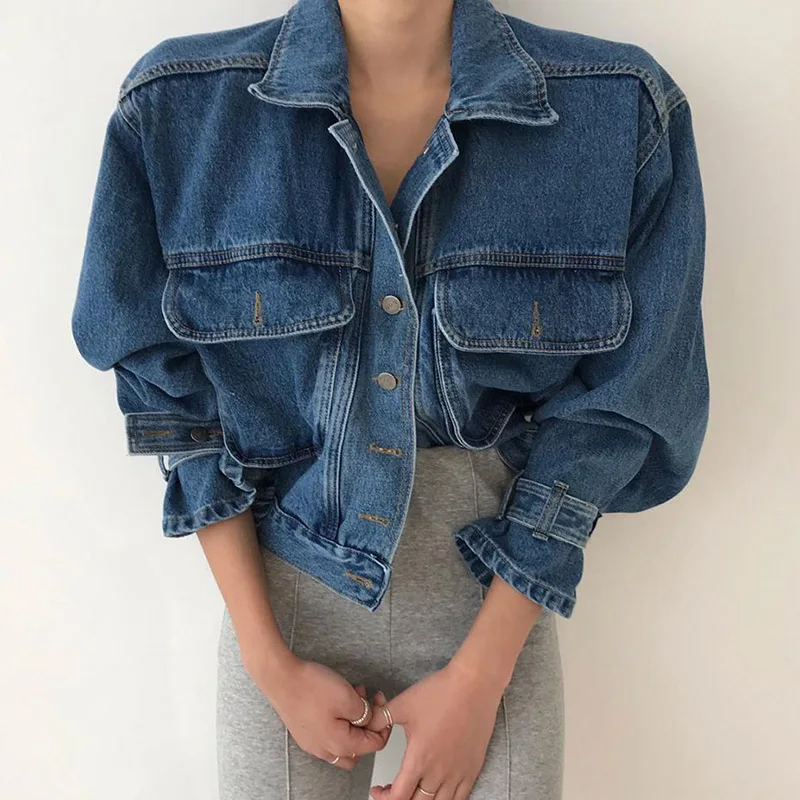 Chic Spring Women's Loose Fit Denim Jacket with Bubble Sleeves And Collar Stand up Multi Pockets Short Style Fashion Outerwear