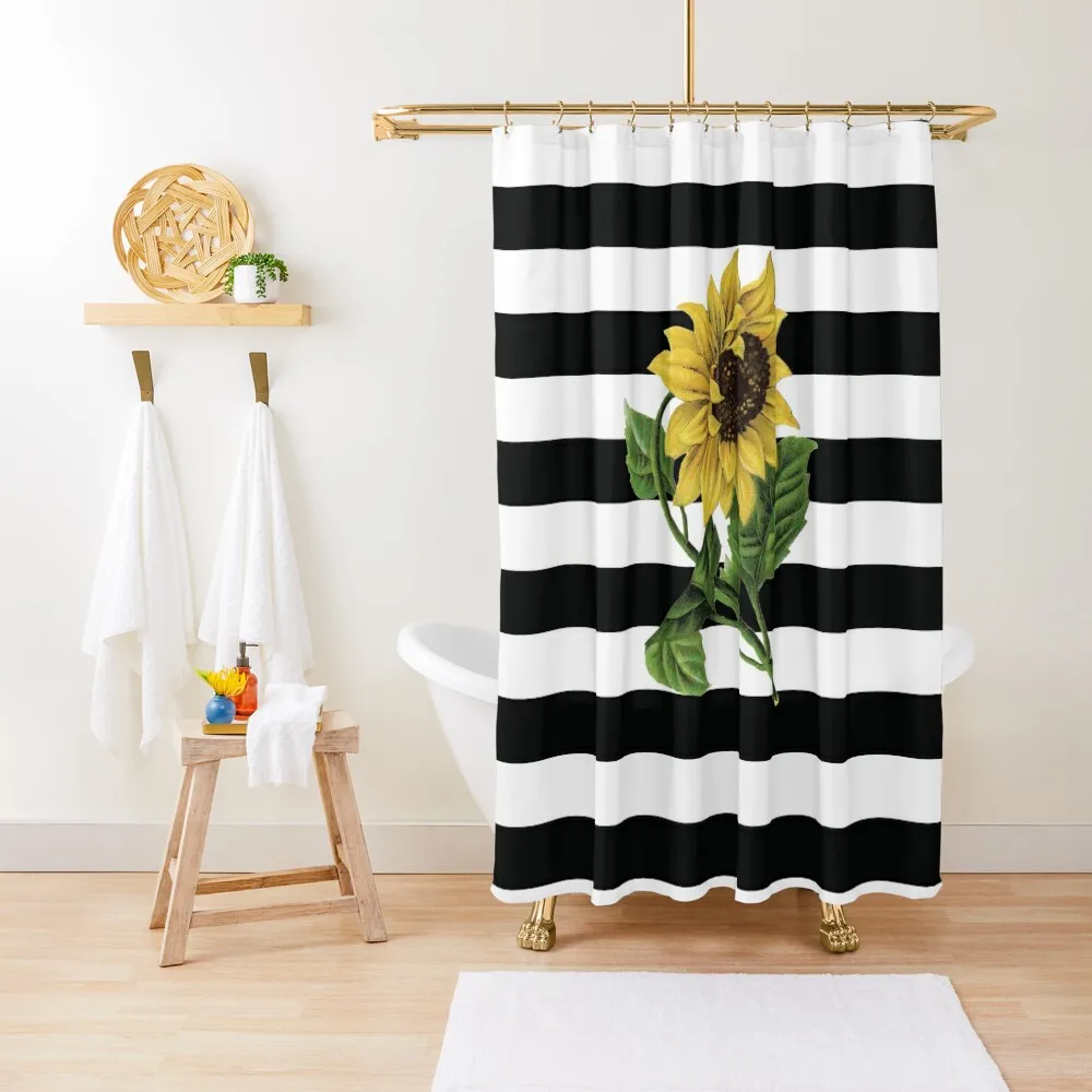 

Sunflower on Black and White Stripes Shower Curtain Waterproof Bath And Anti-Mold Luxury Bathroom Shower Curtain