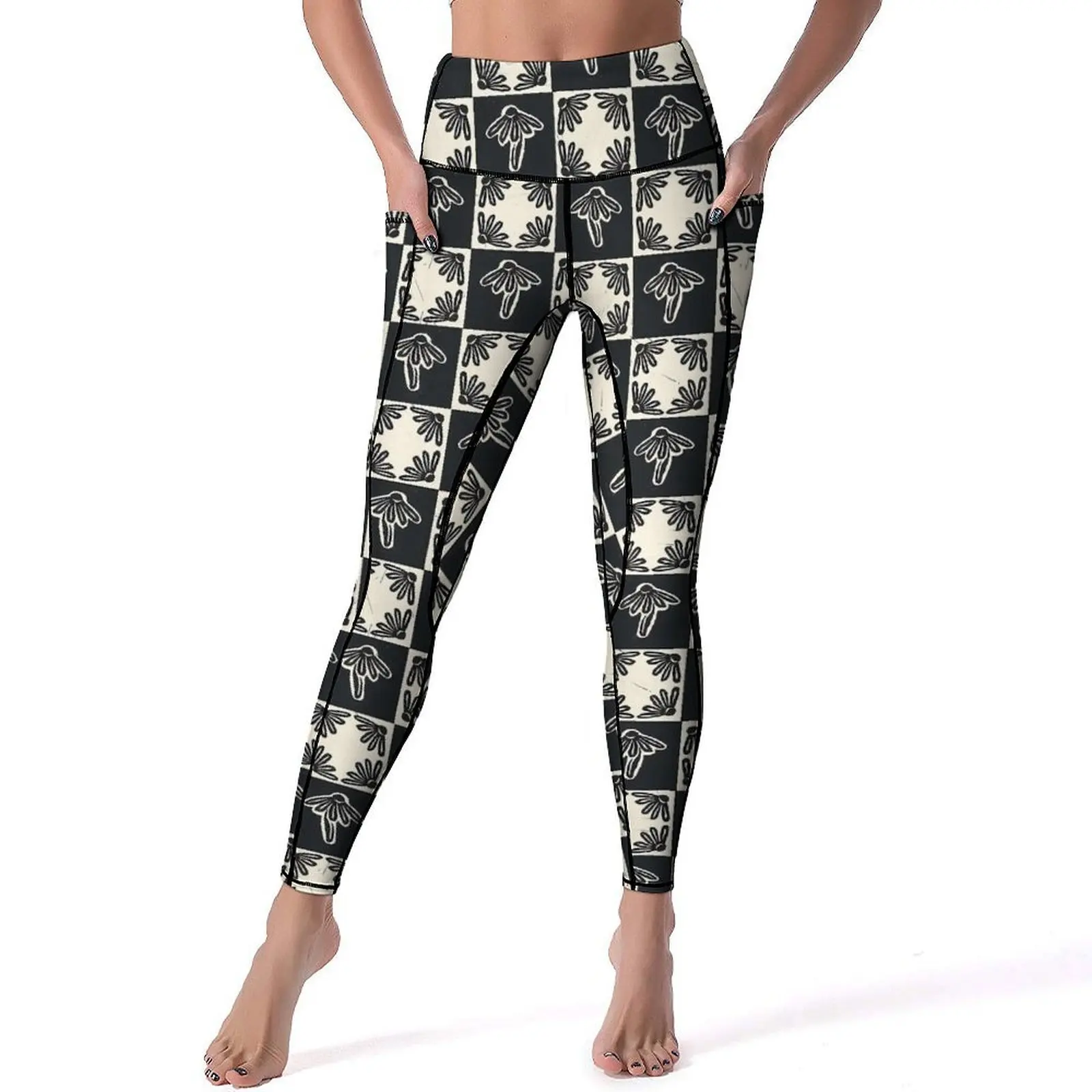 

Black And White Check Print Yoga Pants Sexy Daisy Block Pattern Leggings Push Up Gym Leggins Female Sweet Elastic Sports Tights