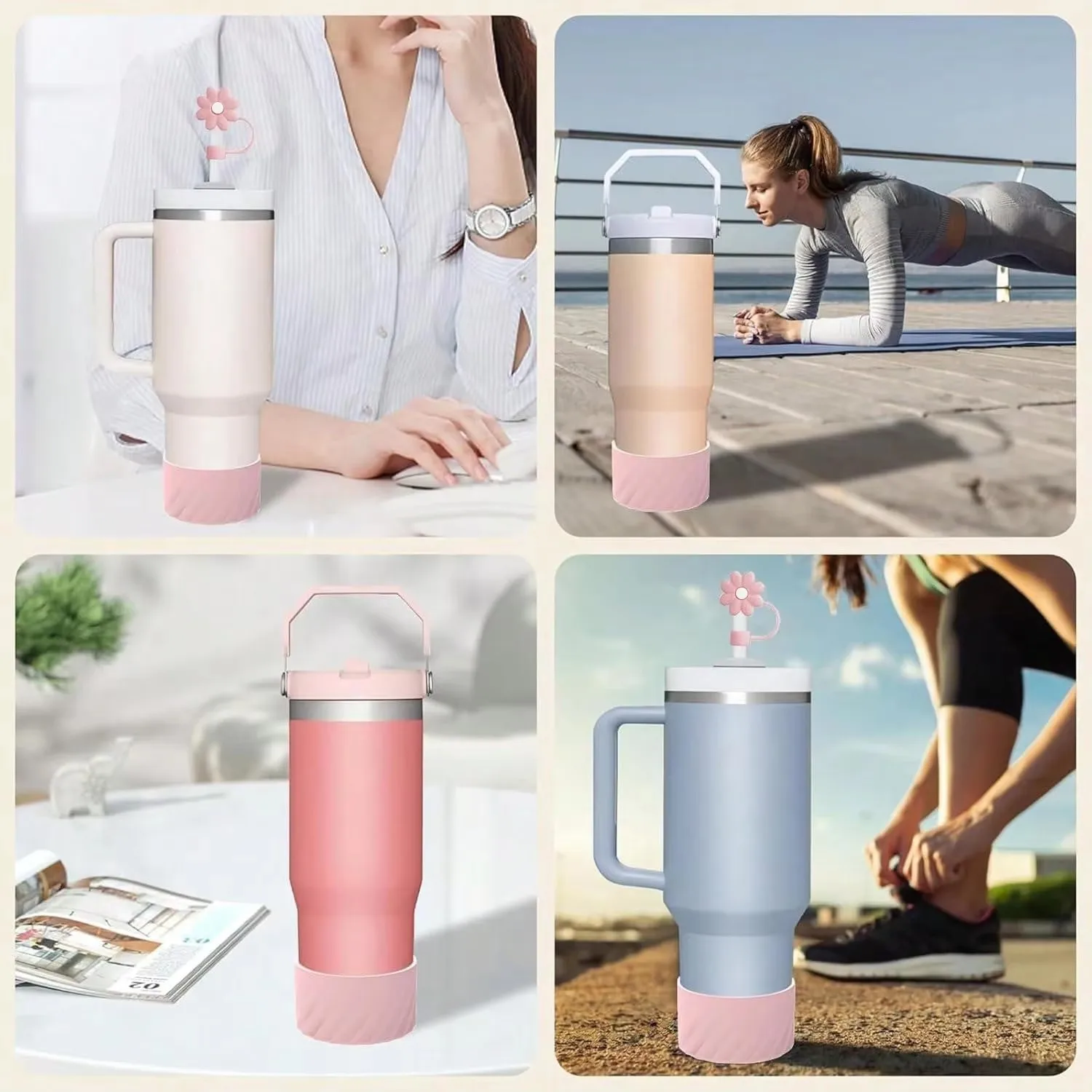 2Pcs Flower Straw Covers 3Pcs Silicone Spill Proof Stopper For 40oz Tumbler With Lid Handle Compatible for Stanley Accessories