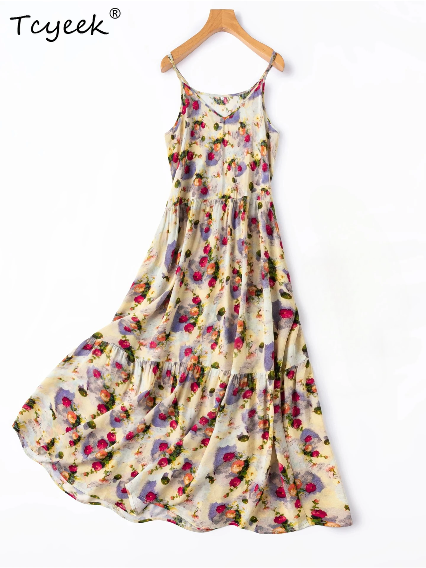 Tcyeek Strandkleid aus 100 % natürlicher Maulbeerseide, Damen-Sommerkleidung, elegante Damenkleider, ärmelloses Maxikleid mit Aufdruck