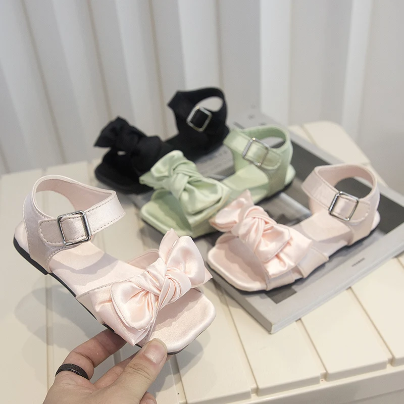 Girls Sandals 2021 Summer New Girls Bow Princess Shoes Flat Sandals Children Soft Solid Color Fashion Non-slip Shoes