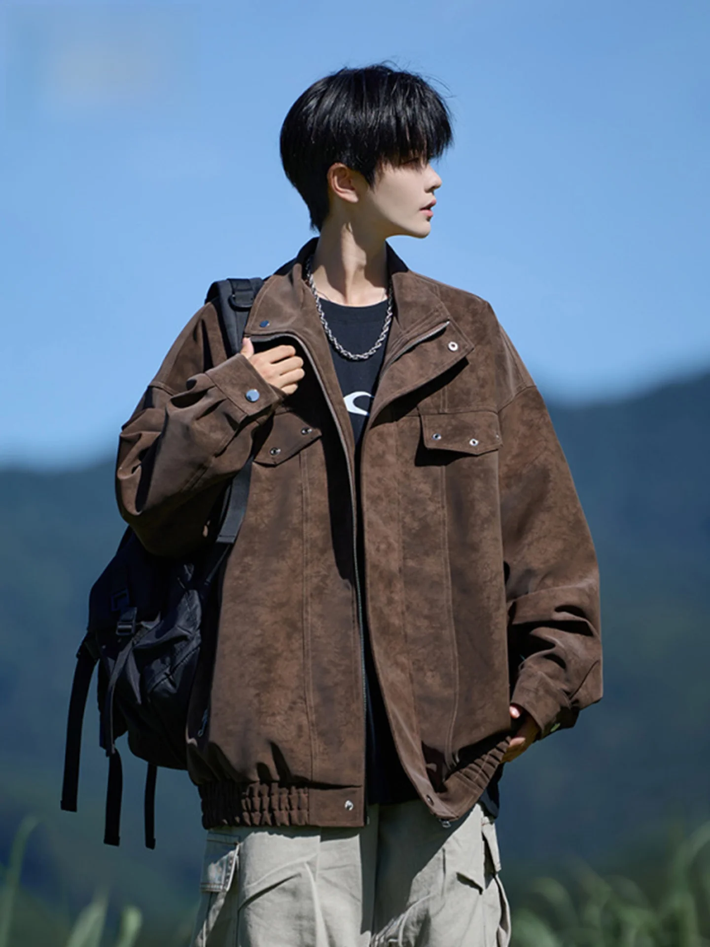 

Wassup Men's Jaet Outerwear Loose Fit PU Leather Trendy American Sle Autumn 2025 New Season Versatile Long Sve Zipper