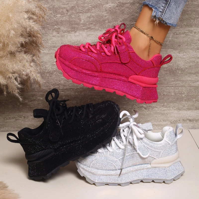 

High-quality Thick-soled Lace-up Rhinestone Versatile, Comfortable, Anti-slip and Breathable Women's Sports and Casual Shoes