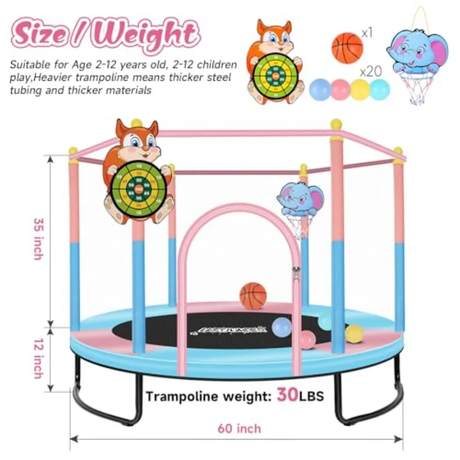 Mini Trampoline For And Toddlers Ages 2-10 Indoor Outdoor With Safety Enclosure Net Basketball Hoop Ocean Balls Birthday Gift B