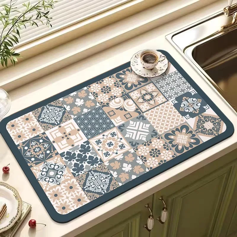 VIKAMA Vintage Tile Dish Drying Mat for Sink Side & Coffee Machine Counter, Water Absorbent & Non Slip Home Decor