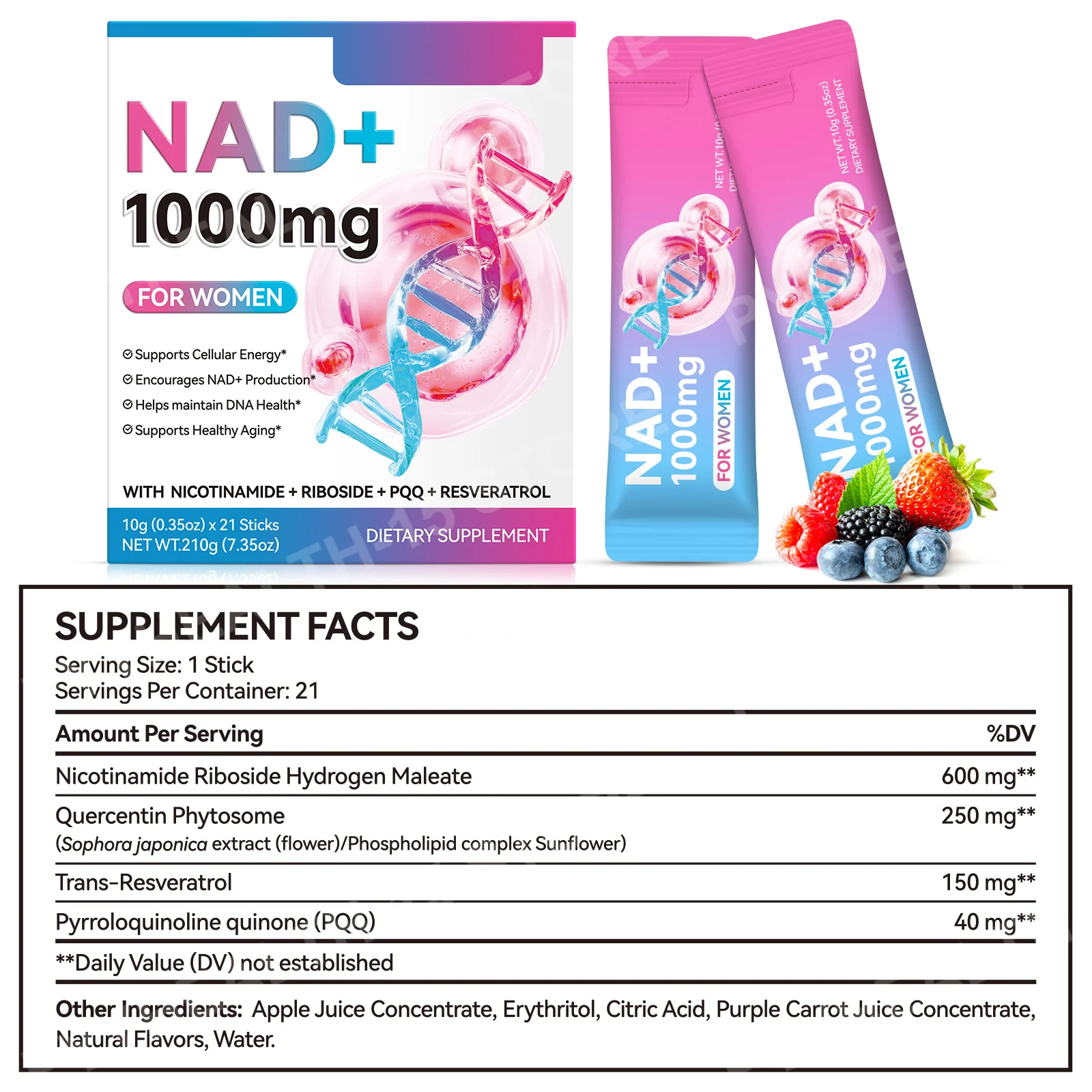 NAD+ Support Liquid Sticks with Nicotinamide Riboside, PQQ, Quercetin and Trans-Resveratrol for Cellular Energy, 21 Sticks