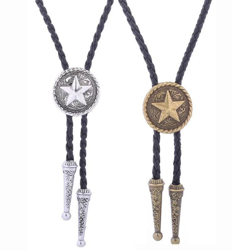 Collar de cuerda de cuero de imitación de estrella de Metal occidental de vaquero Vintage, corbata Bolo americana