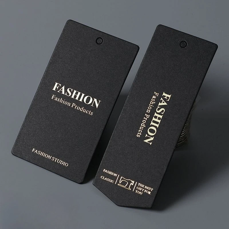 

100/200Pcs Custom Black Paper Hang Tags with Logo, 600gsm Luxury Gold Foil Stamping for Clothing Brand Hanging Tag