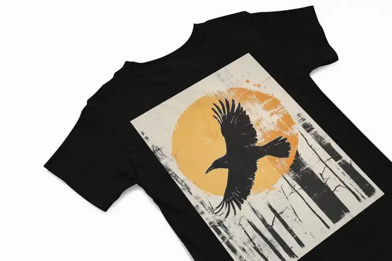 

Vintage Destressed Crow Silhouette T-Shirt, Tee, Gothic themed t shirt, Raven in forest inspired, Spirit animal tee, Wi