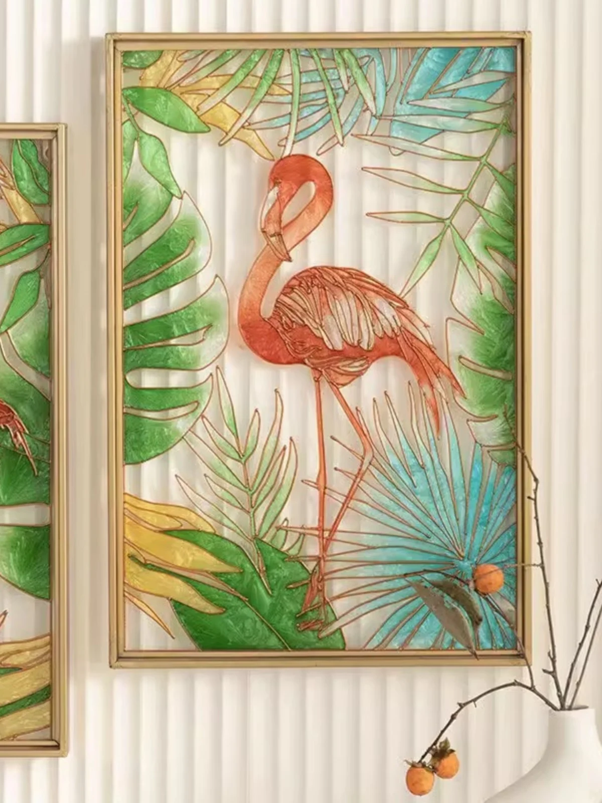 Vibrant Hand-Painted Flamingo Metal Wall Art - Iron Frame, Tempered Glass, 40x60cm