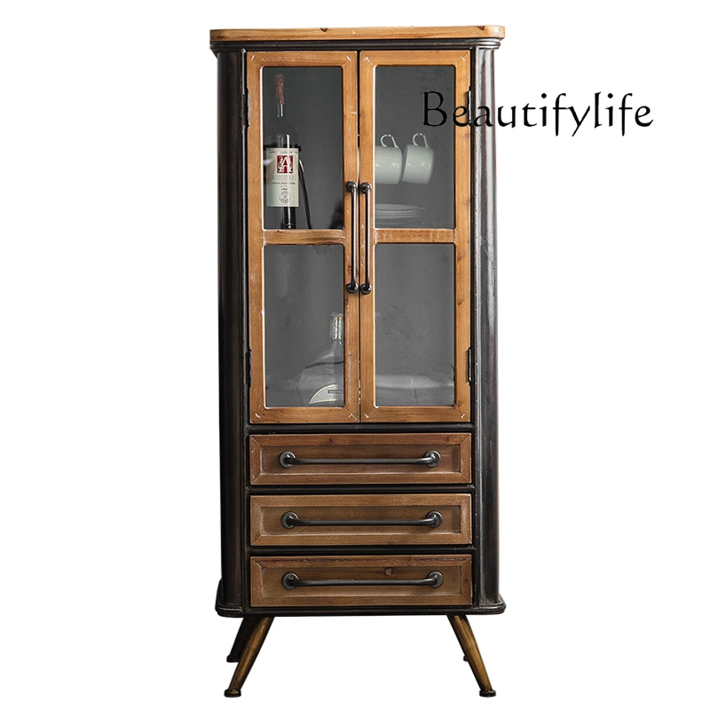 American Style Chest of Drawers Solid Wood Living Room Decoration Wine Cabinet Vintage Distressed  Restaurant Wall Cabinet