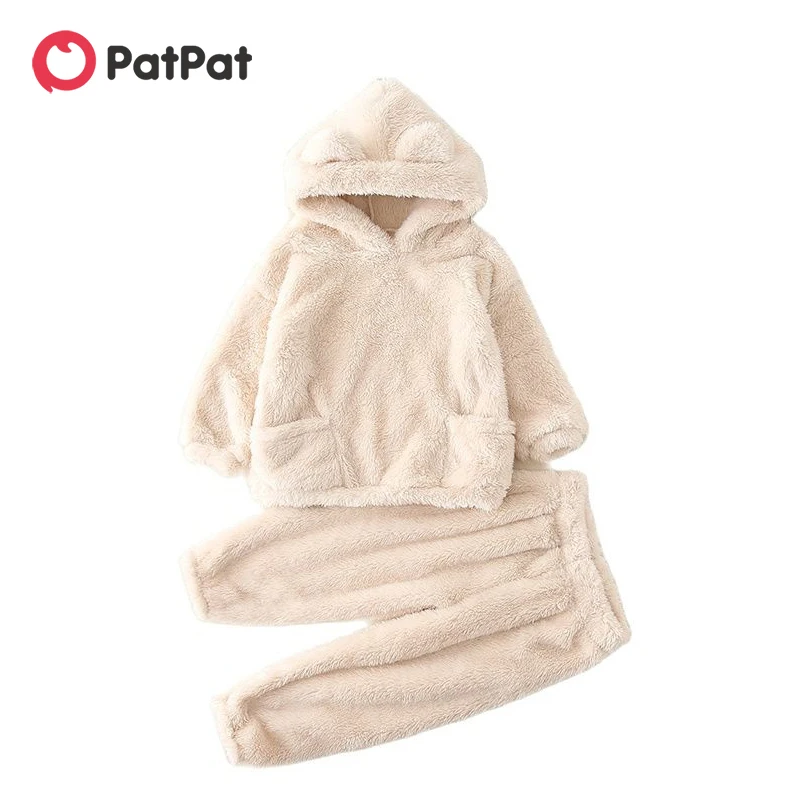 PatPat 2-piece Toddler Girl/Boy Clothing Sets Pajamas Set Fuzzy Hoodie Sweatshirt and Pants Coral Fleece Clothing for Kids