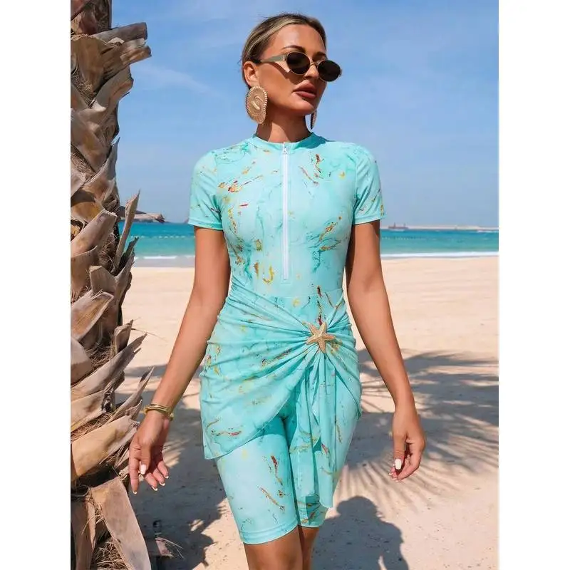 JEWELRY SEN Women Modest 3‑Piece Burkini Swimsuit Short Sleeve Zipper Marble Print Sarong Skirt Conservative Beach Bathing Suit
