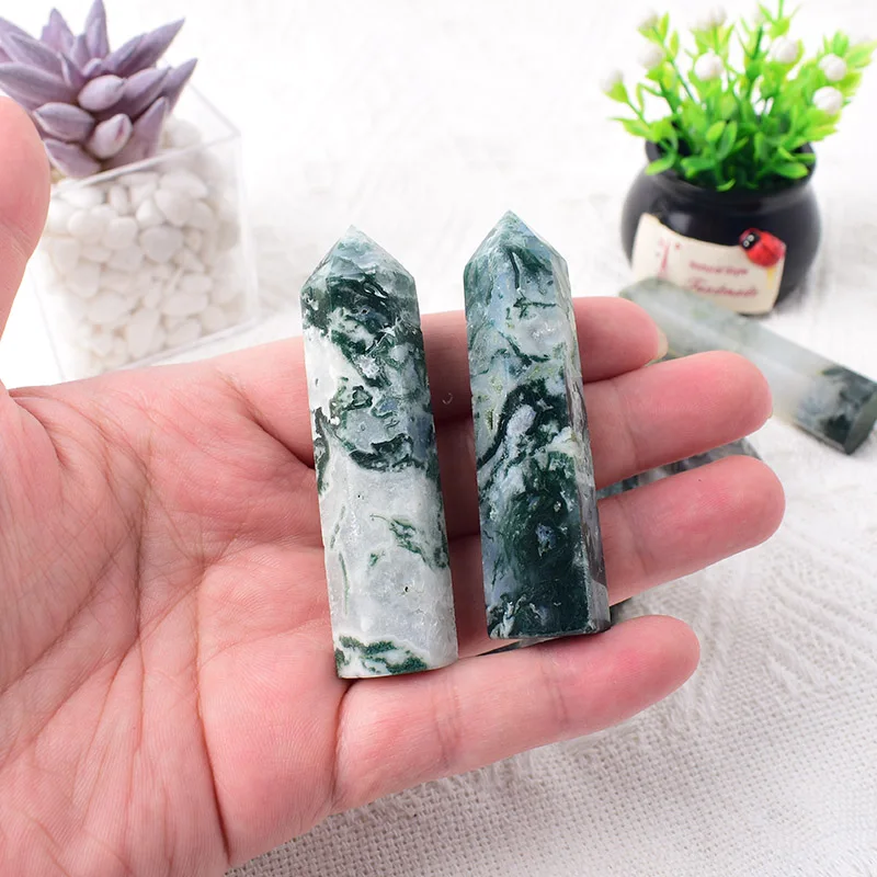 Natural Crystal Moss Agate Quartz Polished Crystal Point Healing Stone Hexagonal Prism 50-80mm Obelisk Wand Stone Home Decor 1PC