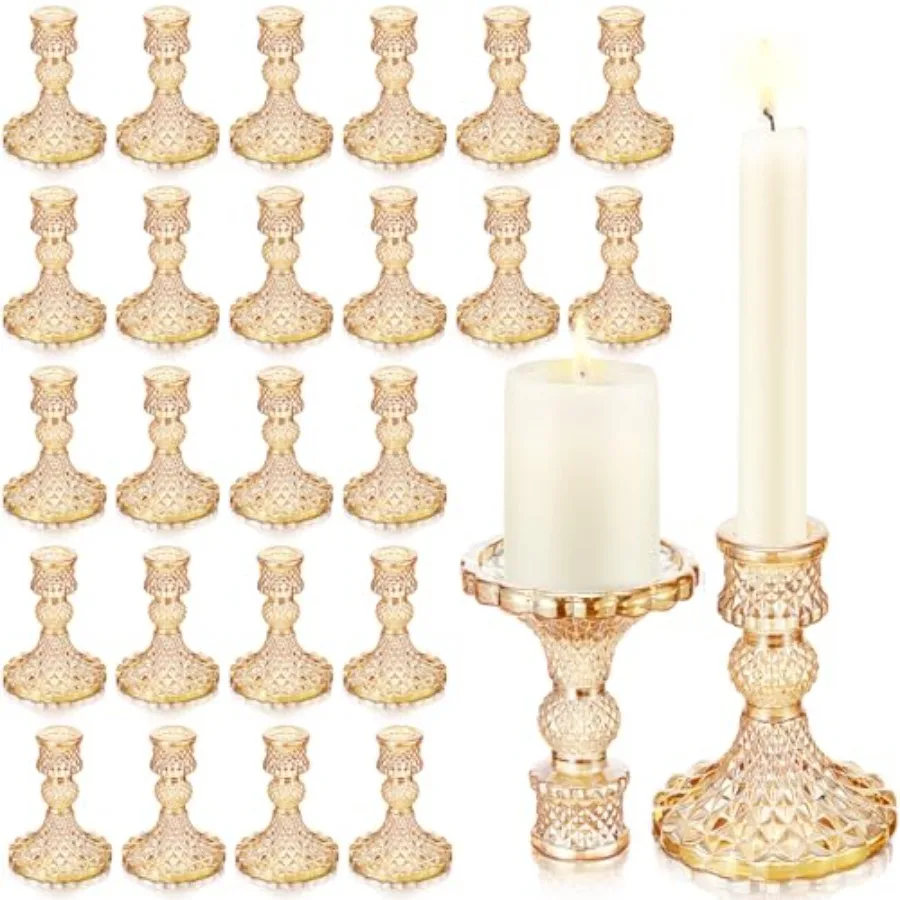 

24 Pcs Taper Candle Holders 4'' Tall Candlestick Glass Holders Bulk Crystal Decorative Stand Wedding Stick Holder for Anniversa