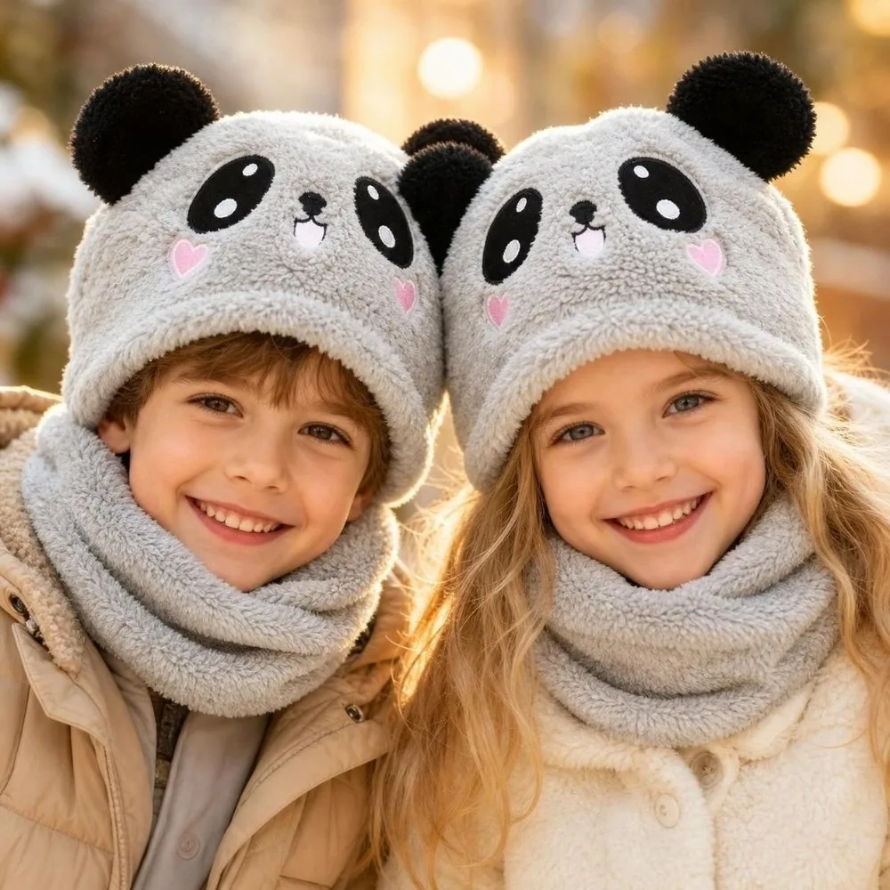 Fashion Cartoon Winter Hats Fleece Thicken Warm Bonnet Scarf Panda Soft Hat Outdoor