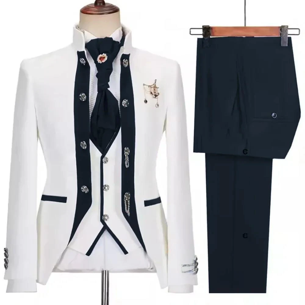Temperament 3-piece Men's Suit Wedding Groom Tuxedo (Blazer+Vest+Pants) Elegant Men's Stage Costume Special Occasion Gowns
