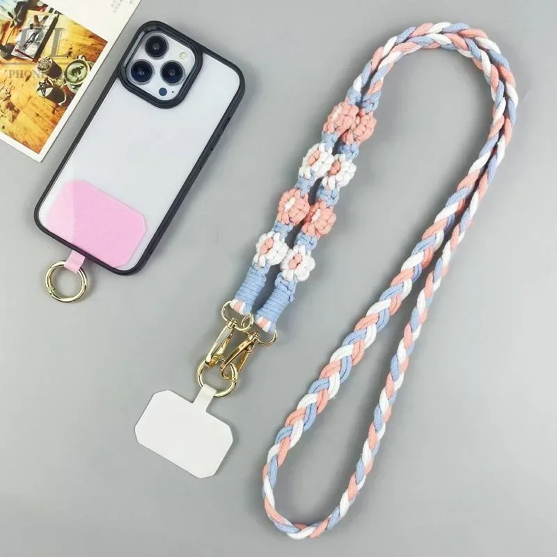 125CM Weave Flowers Phone Lanyard Charm Pendant with Patch CellPhone Hanging Rope Jewelry Girl Birthday Universal Neckband Strap