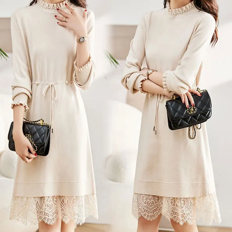 

Autumn Winter New Knitting Long Sleeve Half High Collar Dress Medium Long Women's Dress Korean Fashion Lace Splicing Sweater