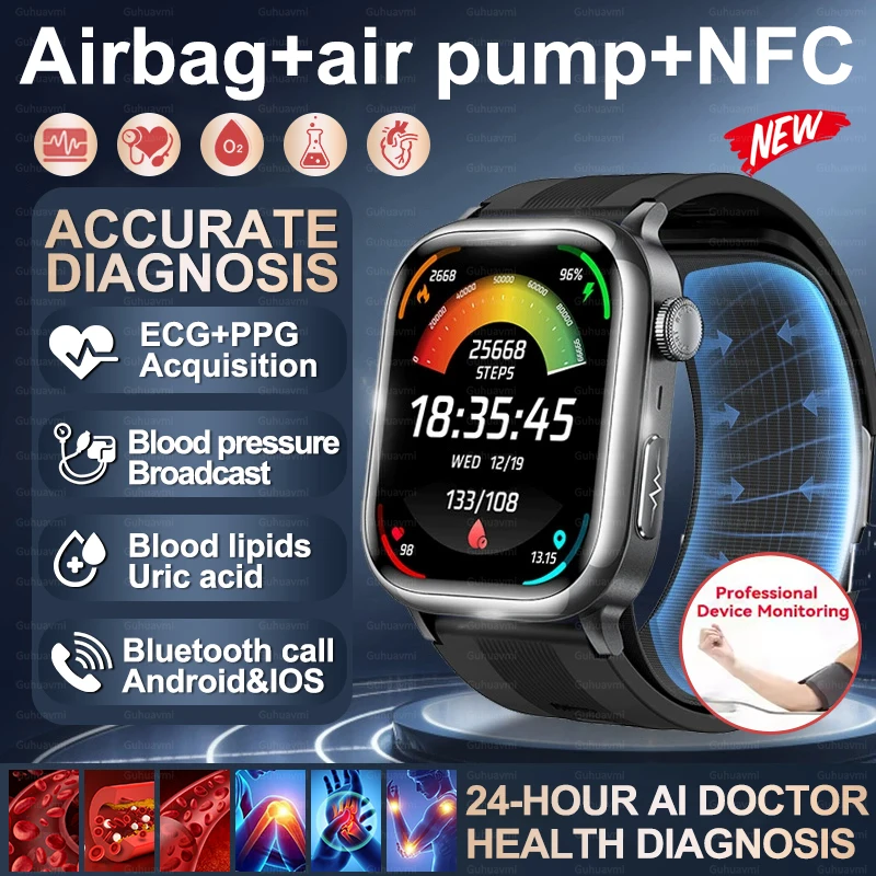 

2025New Airbag+Air Pump Men Blood Pressure Accurate Diagnosis Smart Watch ECG+PPG Uric Acid Blood Fat NFC Bluetooth Call Watches