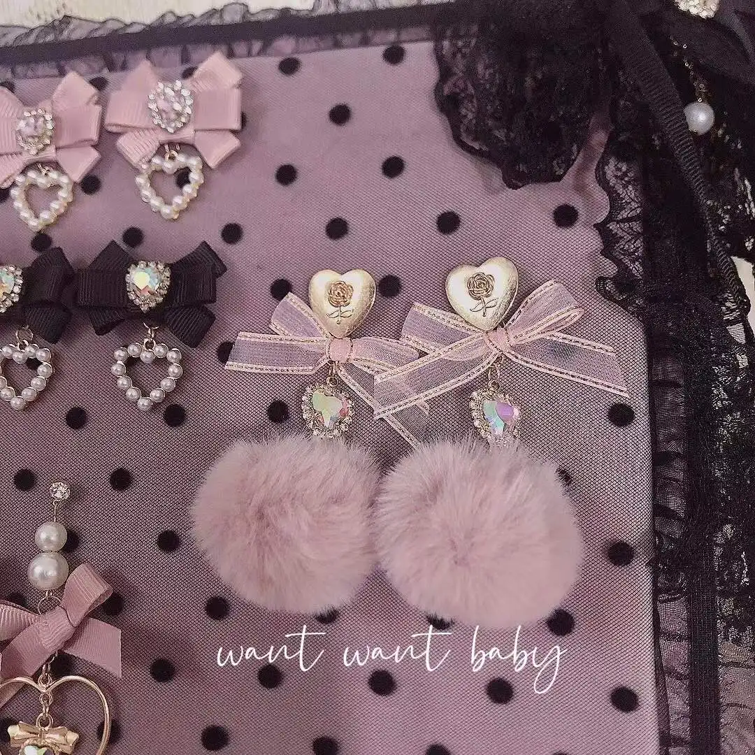 Japanese Mine Pink Lolita Earrings Girly Sweet Cute Fashion Bow Heart Wool Ear Clip Women Elegant All-Match Kawaii Ear Clip