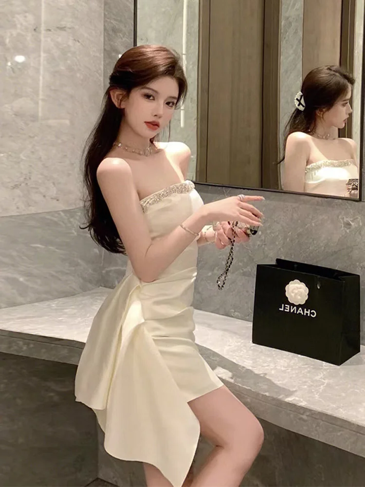 

Ele White One-oulder Bridal Dr Sexy Birthday Par Dr Korean Sle High Waist A-Line Skirt Wedding Dr