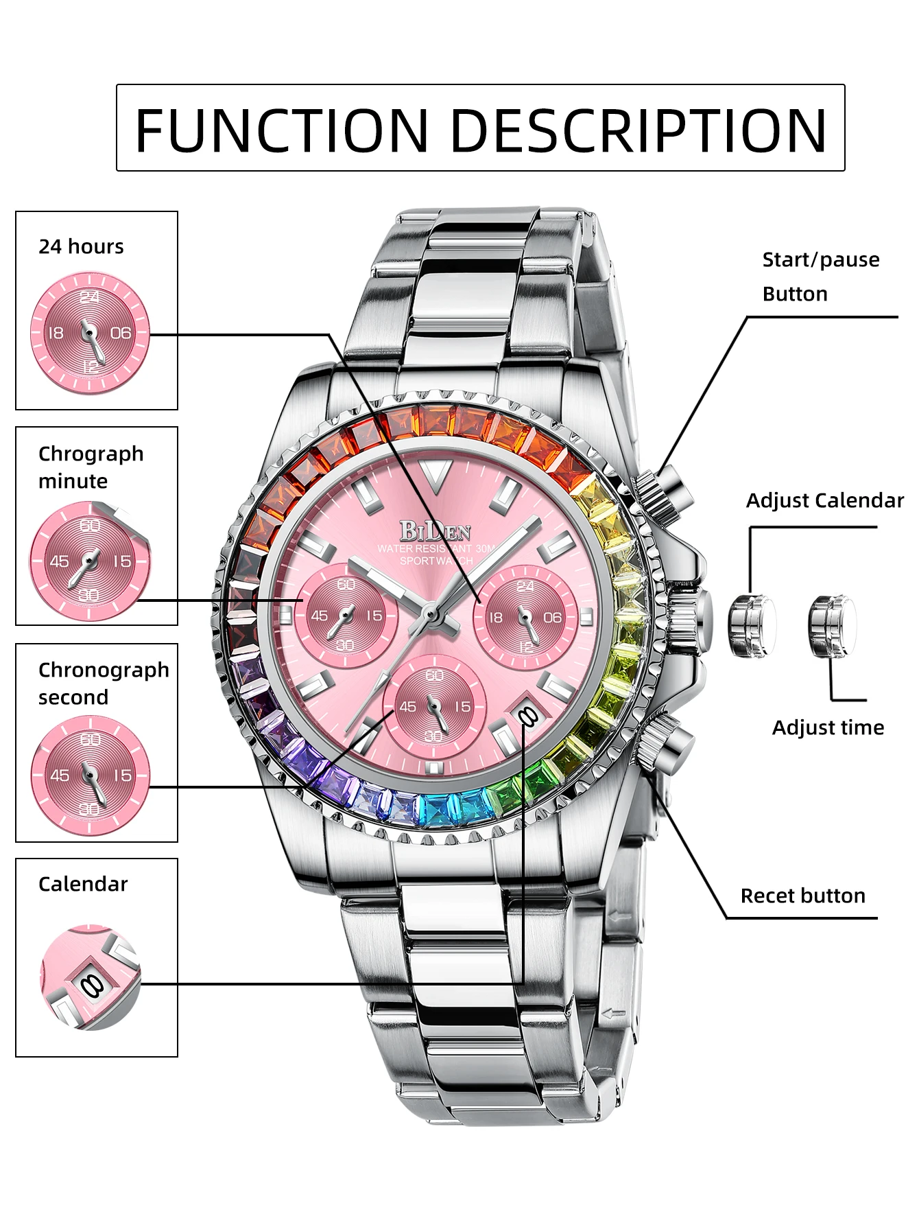 BIDEN Women's Watch Multi functional Chronograph Women's Fashion Business Waterproof Quartz Watch Night Light Date Clock