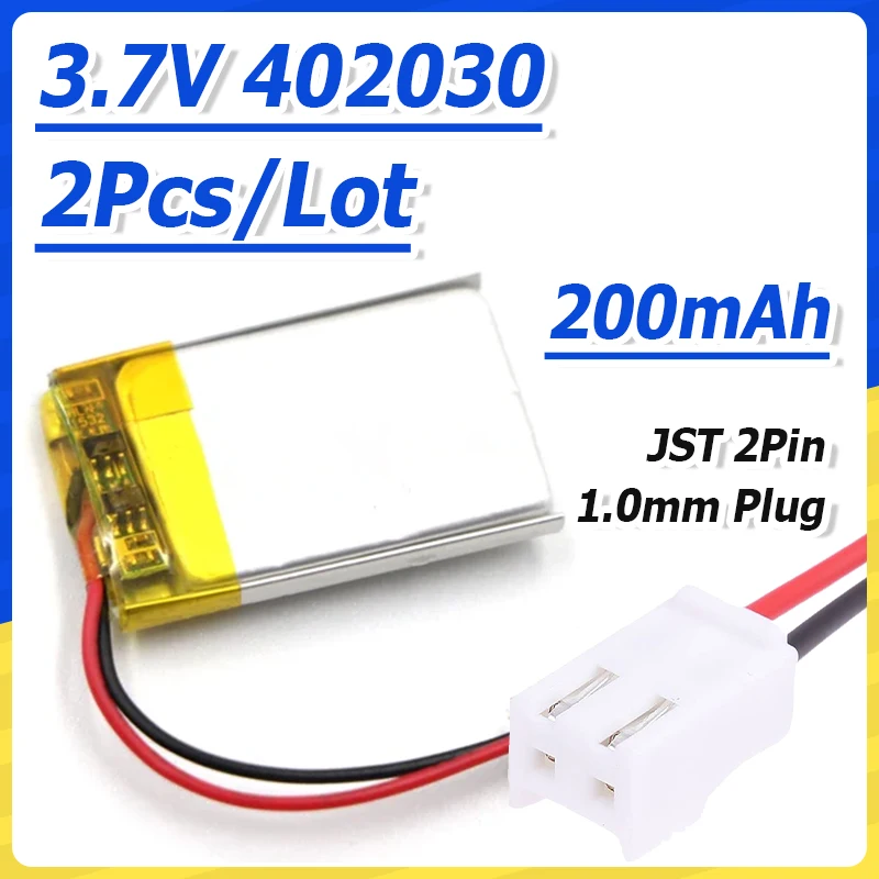 2pcs 3.7v 402030 200mah 0.74Wh Li Lithium Battery Li-ion Cell JST 2pin1.0mm Connector For Mouse Bluetooth Speaker Headphones