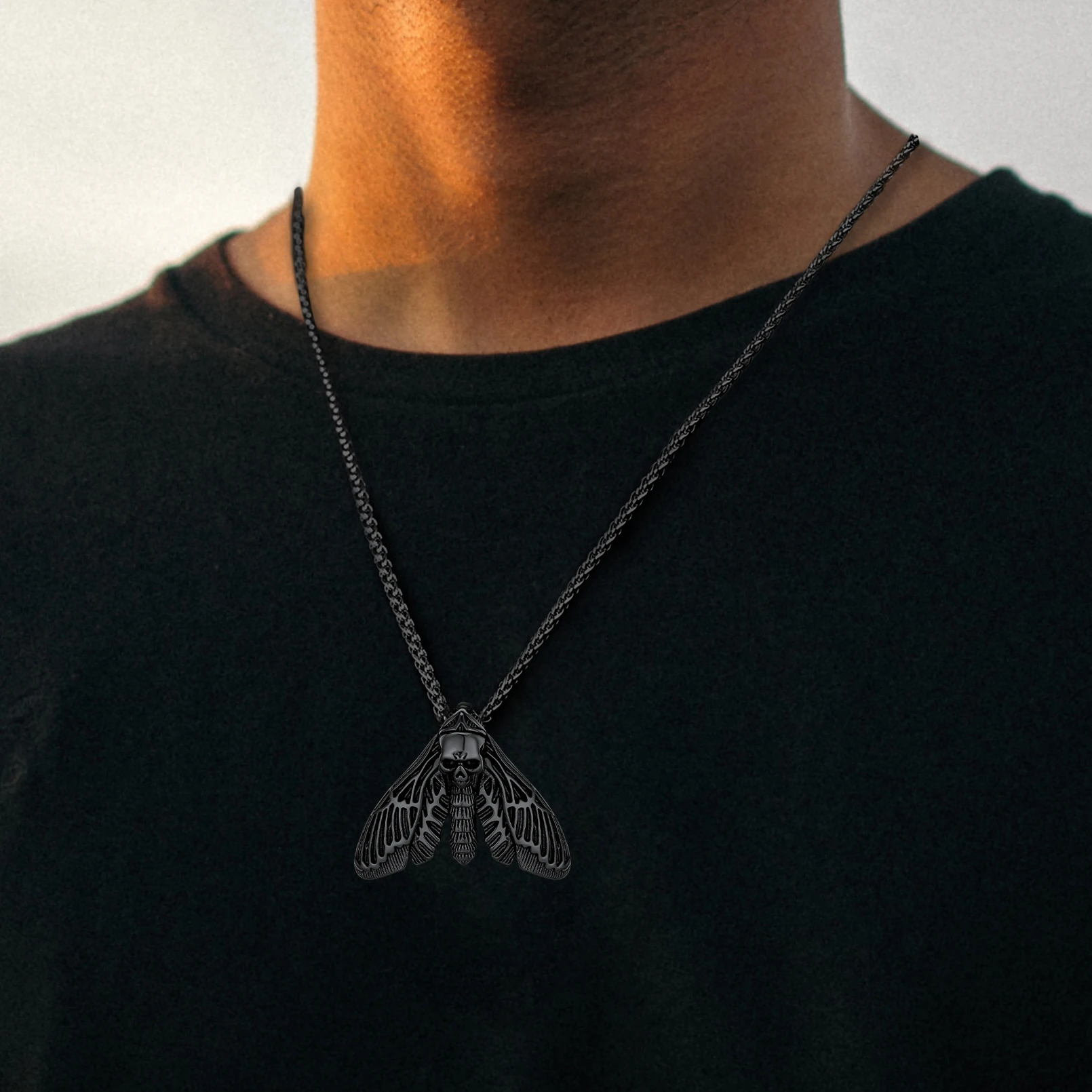 316L Stainless Steel Insect Moth Skull Head Necklace for Men Pendant with Wheat Link Chain Gothic Punk Jewelry Gift Choice