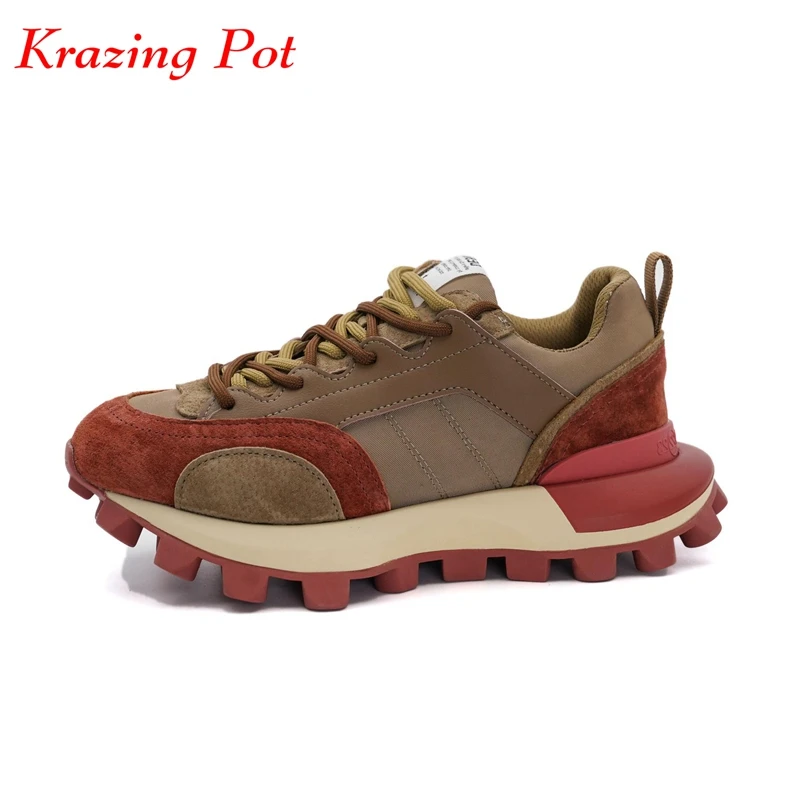 Krazing Pot Fashion Cow Suede Round Toe Lace Up Med Heels Casual Shoes Platform Non-slip Sneakers High Fashion Vulcanized Shoes