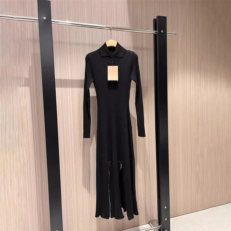 Autumn new women\'s high collar elastic slim fit long sleeve knitted dress y2k high quality zipper decoration black midi skirt