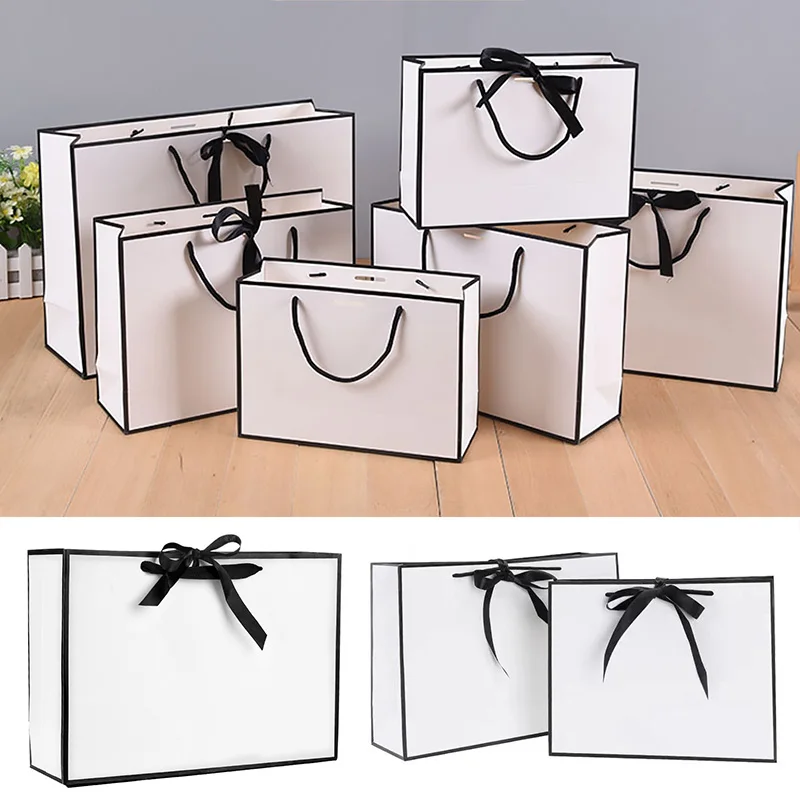 Gift Package Bag White Paper Shopping Bag With Black Ribbon Handle Square For Packaging Wedding Clothes Shoes Gift Box Handbag