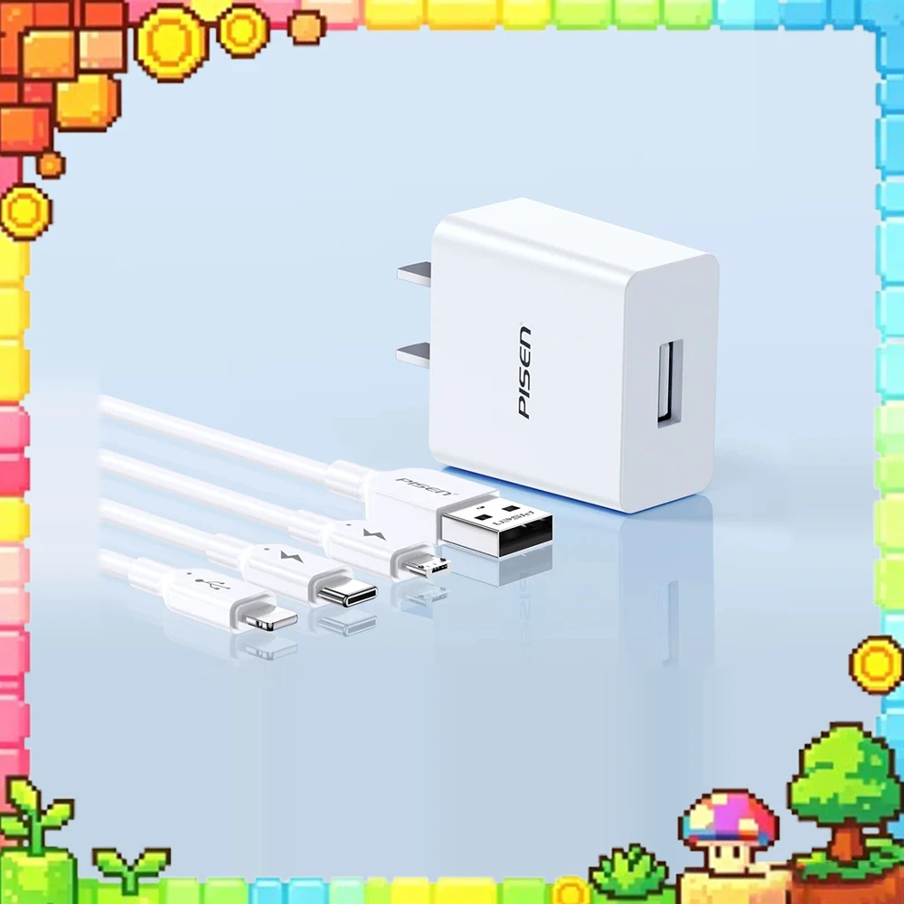 Pisen TS-C070 USB Wall Charger White Single USB-A 5V 1A with 1.2m 3-in-1 Lightning USB-C Micro USB Cable China Flat Plug